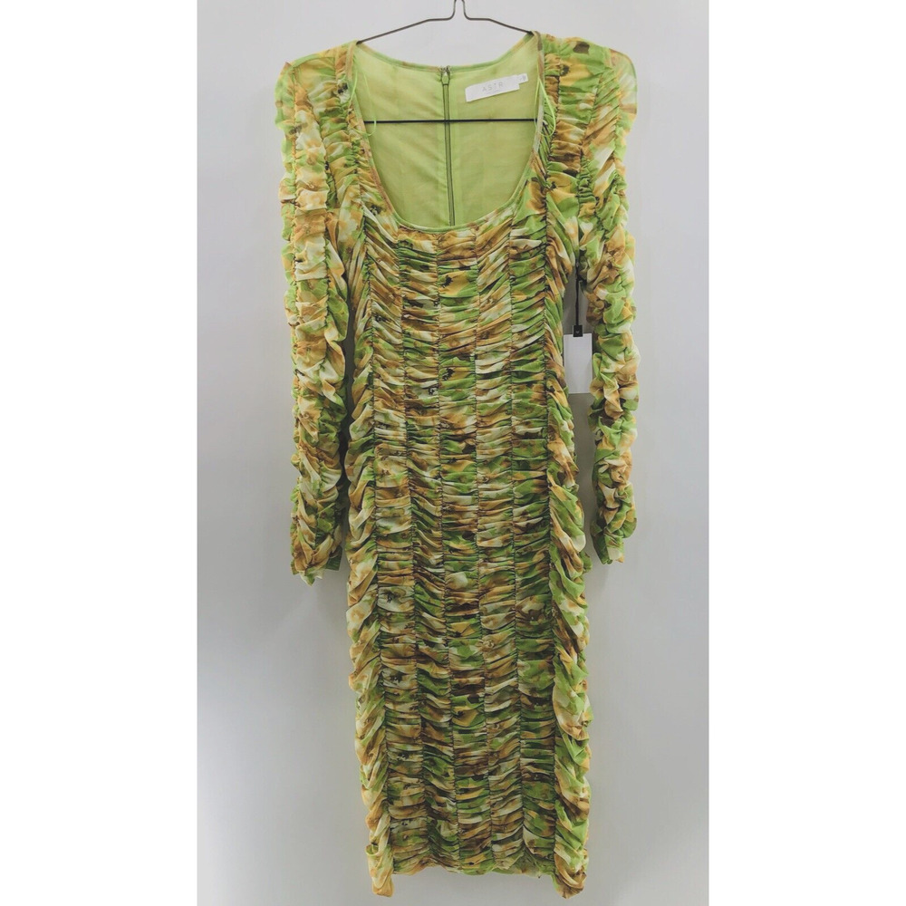 ASTR the Label Long Sleeve Bodycon Floral Dress Size Large Lime Yellow 46"L READ